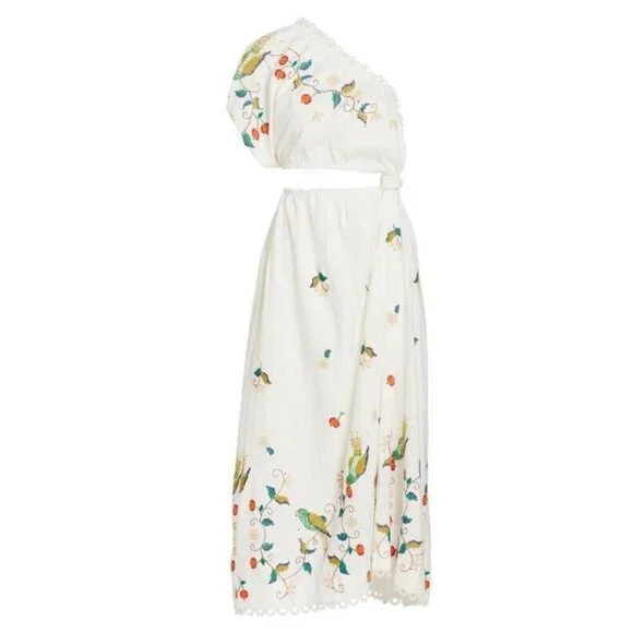 NWT FARM Rio Pitanga Maxi in Off-white Embroidered One Shoulder Cut-out Dress M - Picture 2 of 7